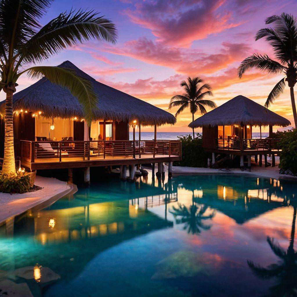 A serene and luxurious tropical resort with elegantly designed overwater bungalows surrounded by crystal-clear turquoise waters. Lush palm trees frame the scene, and a hint of sunset casts a warm glow over the landscape. Include a hammock swaying gently between two trees, inviting relaxation. Showcase elegant outdoor dining settings on a balcony with candlelight. super-realistic. vibrant colors. sunset ambiance.
