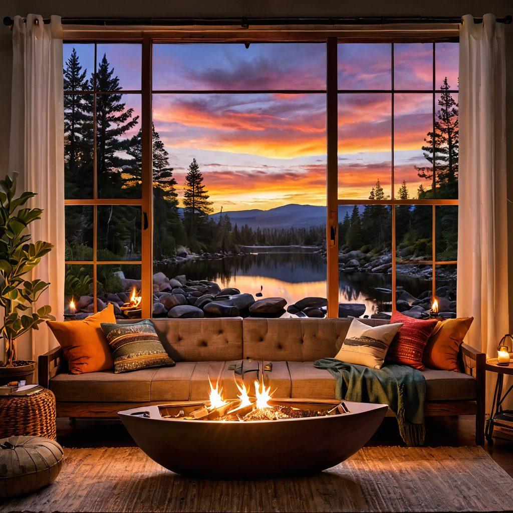 A serene living room with a cozy sofa, juxtaposed with outdoor adventure elements like a kayak and hiking gear. A window shows a vibrant sunset over a backyard with a fire pit and twinkling fairy lights. Include a coffee table with a book titled 'Adventure Awaits' and a relaxing candle. This image encapsulates the duality of relaxation and adventure. super-realistic. vibrant colors. cozy atmosphere.