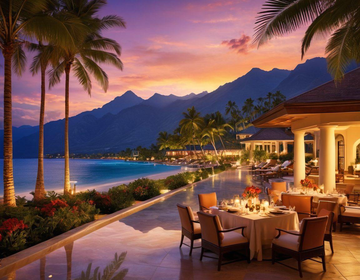 A picturesque landscape showcasing a luxury resort nestled on a pristine beach, with families and couples enjoying various activities like swimming, dining al fresco, and relaxing under palm trees. Add lavish accommodations featuring elegant architecture, soft sunset lighting, and a distant view of stunning mountains. Include a tropical cocktail on a table to evoke a sense of indulgence. super-realistic. vibrant colors. serene atmosphere.